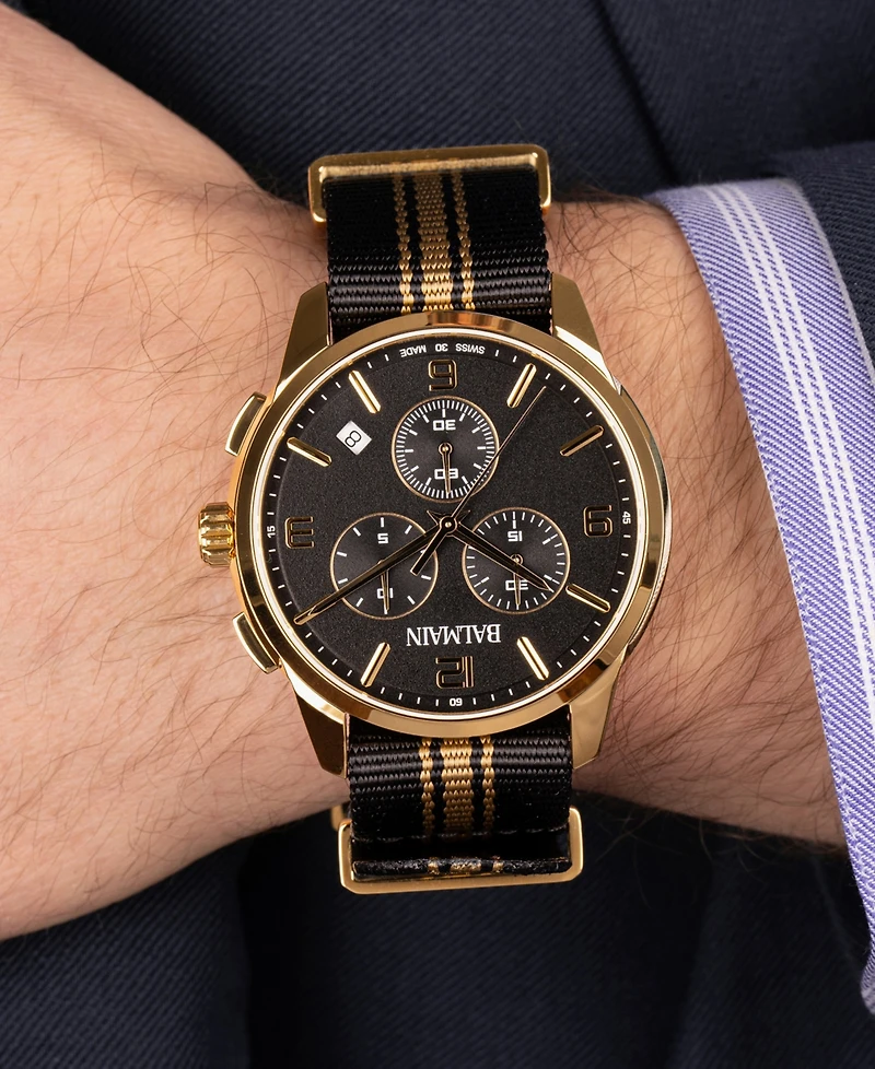 Balmain Men's Swiss Chronograph Madrigal Black Striped Nato Strap Watch 42mm