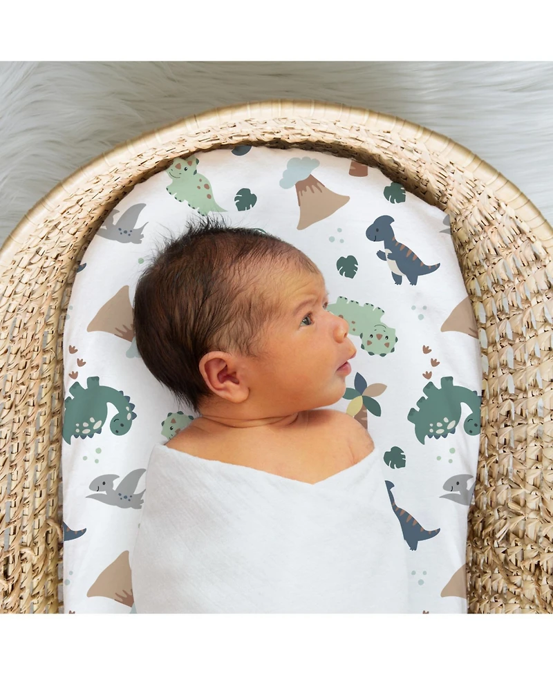 The Peanutshell Green Dino Bassinet Sheets for Newborn Baby Boy & Baby Girl, 4 Pack Set