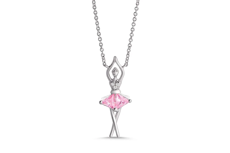 Lily Nily Girls Pink & White Cz Ballerina Necklace in Sterling Silver