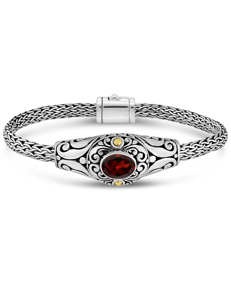 Devata Garnet & Bali with Dragon Bone Chain Bracelet in Sterling Silver and 18K Gold, Small 7.0 in