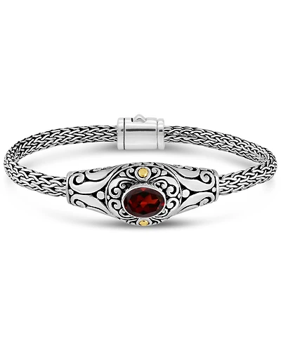 Devata Garnet & Bali with Dragon Bone Chain Bracelet in Sterling Silver and 18K Gold, Small 7.0 in