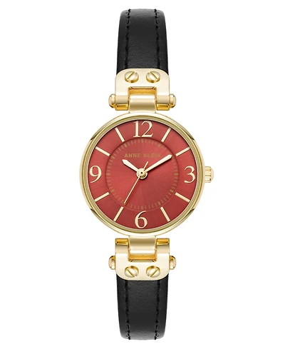 Anne Klein Women's Quartz Black Essential Leather and Gold-Tone Alloy Metal Strap Watch, 26mm