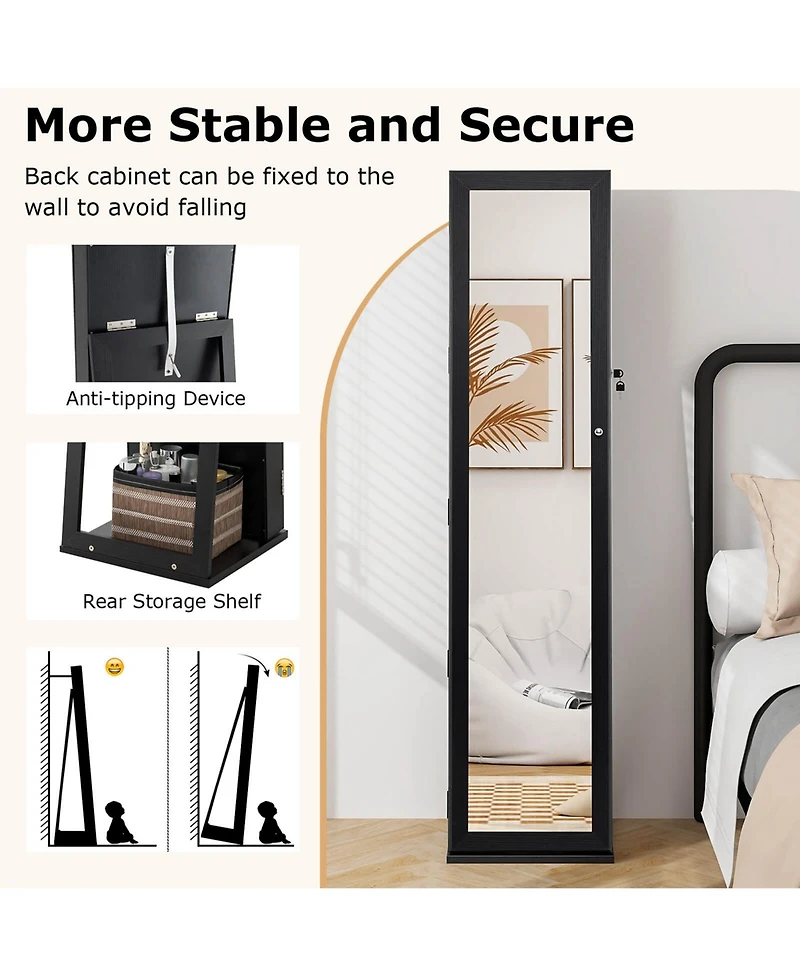 Costway Mirrored Jewelry Cabinet Armoire Lockable Standing Storage Organizer with Shelf