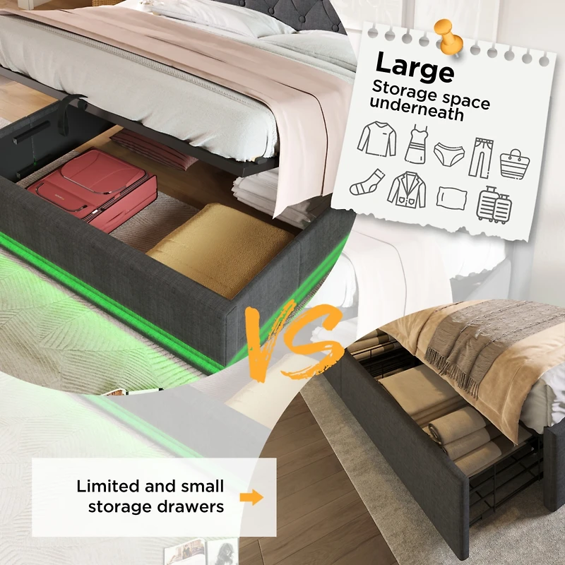 Streamdale Furniture Modern Upholstered Bed with 360 Led, Storage, and Usb-c Charging