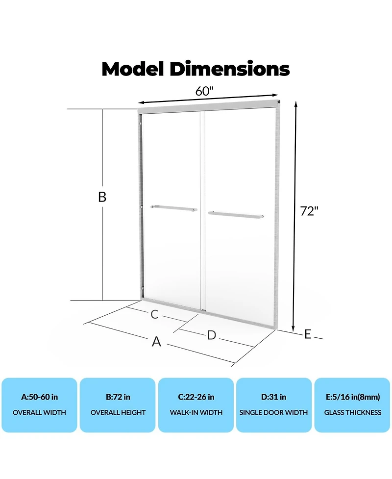 gaomon 56-60" W x 72" H Double Sliding Shower Door, Thick Tempered Glass