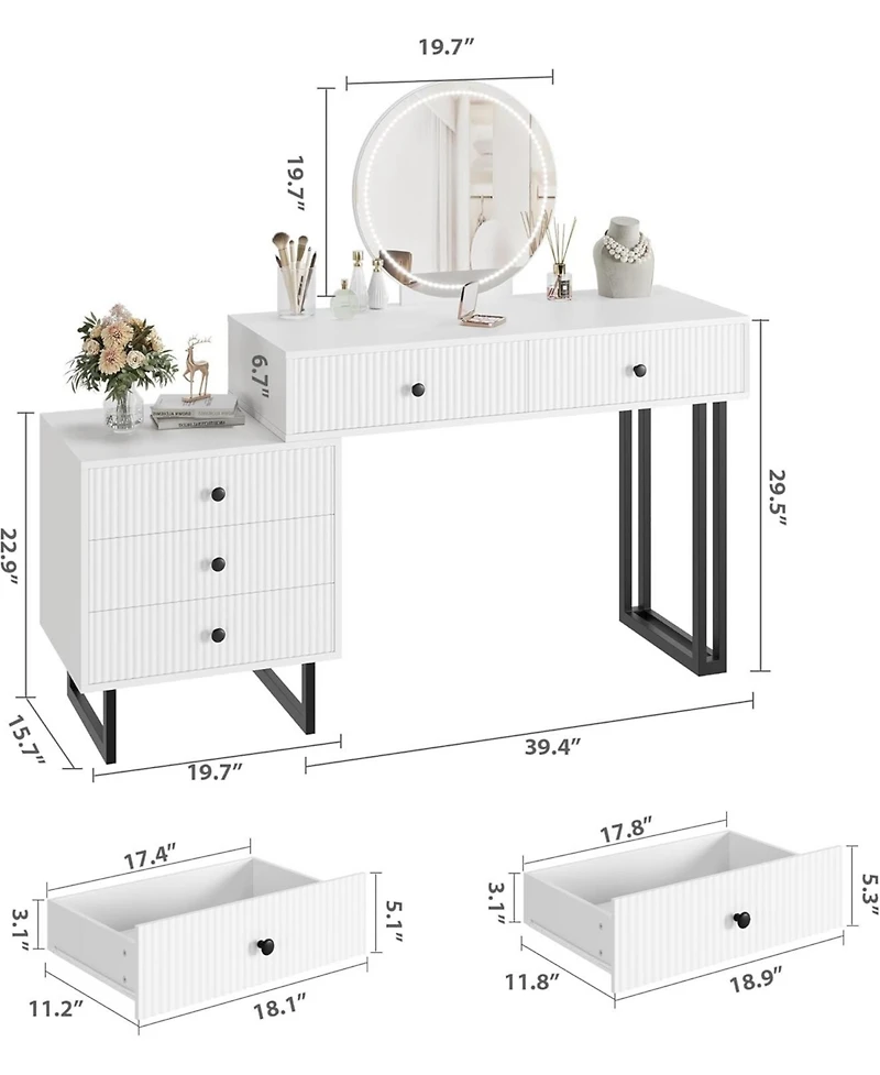 gaomon White Vanity Desk with Mirror and Lights, Small Makeup Vanity with 5 Drawers