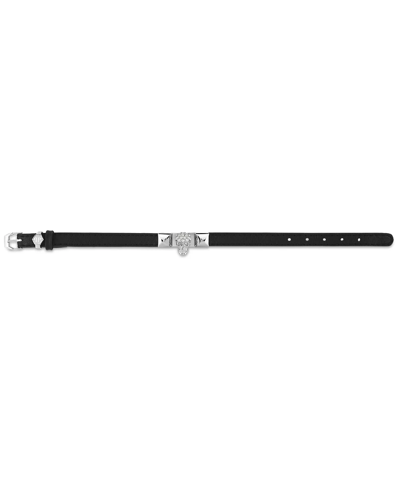 Philipp Plein Men's Enigma Skull Pendant Black Leather Bracelet in Stainless Steel