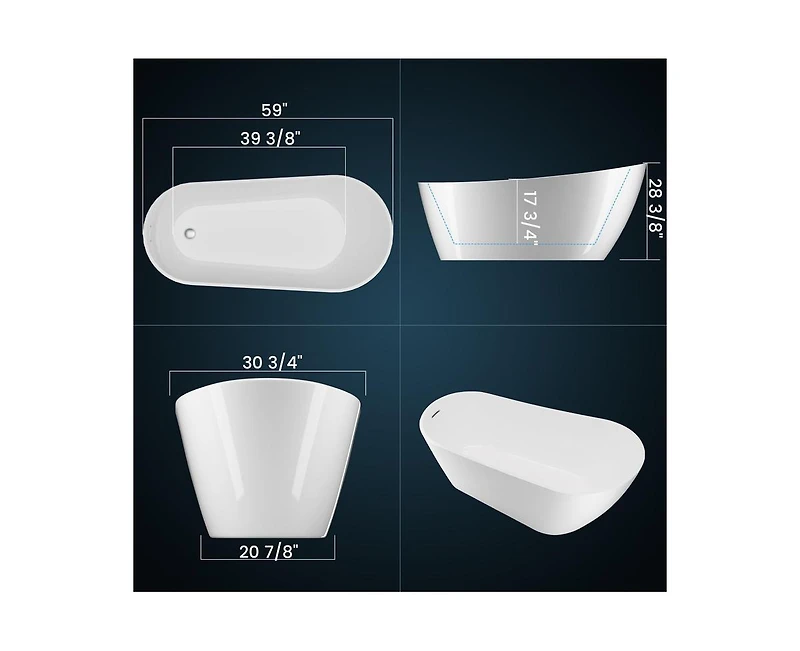 gaomon 59" Freestanding Bathtub, White Acrylic Streamline Stand Alone Soaking Bath Tubs for Adult with Overflow and Drain in Chrome, Perfect for Your