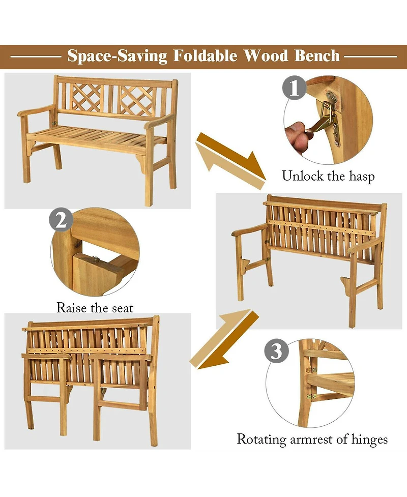 Sugift Patio Foldable Bench with Curved Backrest and Armrest