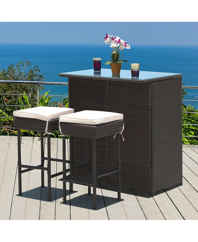 Sugift 3-piece Rattan Wicker Bar Table Stools Dining Set Cushioned Chairs