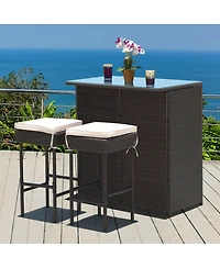 Sugift 3-piece Rattan Wicker Bar Table Stools Dining Set Cushioned Chairs