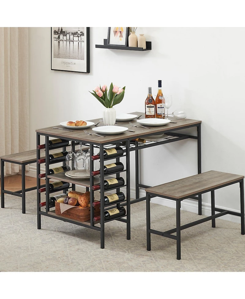 gaomon Dining Table Set for 4, Kitchen Table Set for 4 with 2 Benches, Rectangular Dining Room Table Set with Wine Rack