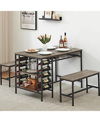 gaomon Dining Table Set for 4, Kitchen Table Set for 4 with 2 Benches, Rectangular Dining Room Table Set with Wine Rack