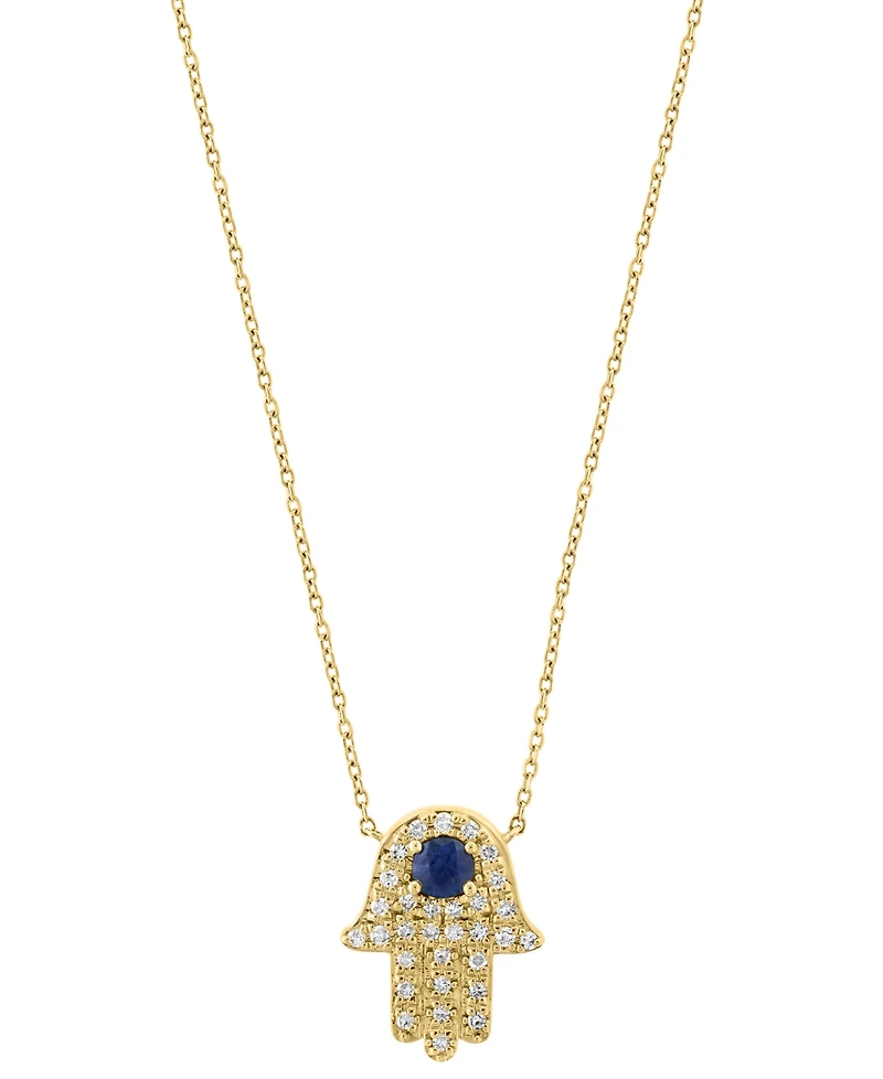 Effy Blue Sapphire (1/4 ct. t.w.) & Diamond (1/6 ct. t.w.) Hamsa Hand 18" Pendant Necklace in 14k Yellow Gold