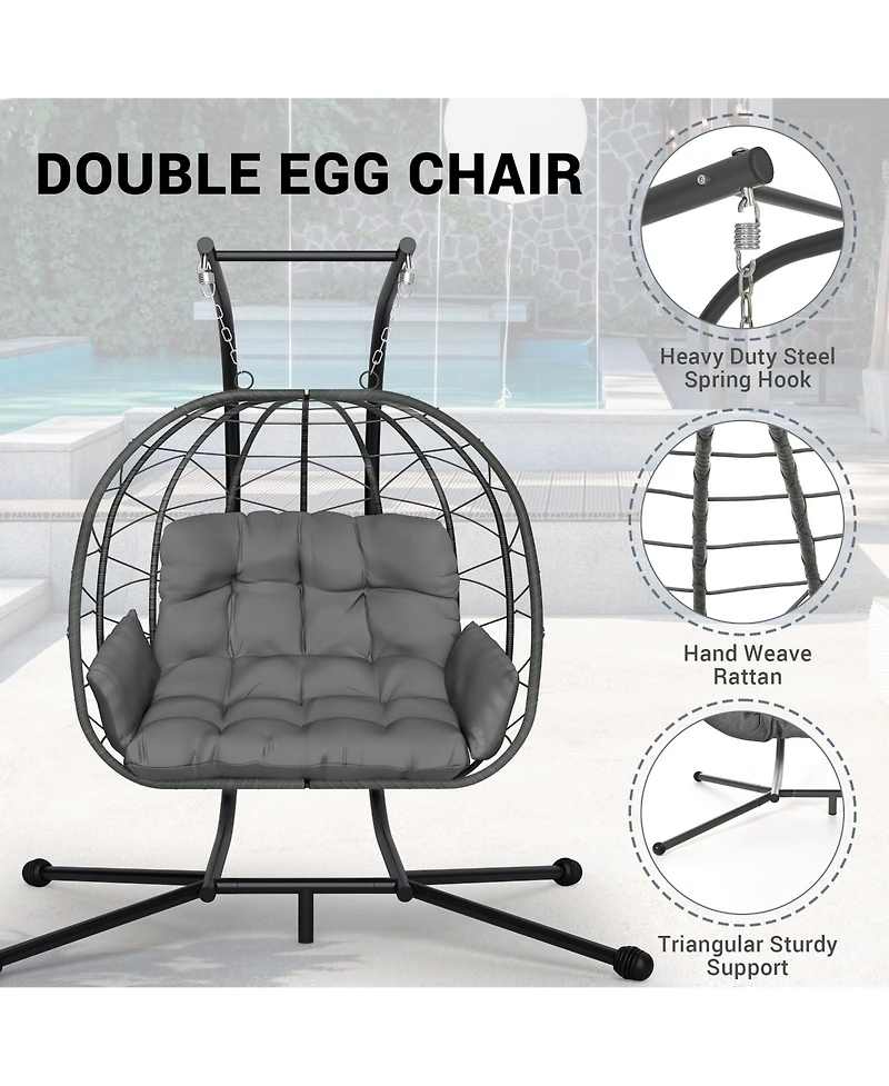Pamapic Outdoor 2-Person Hanging Wicker Double Egg Porch Swing Chair with Stand and Beige Cushion