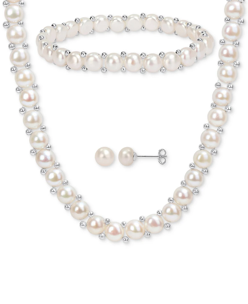 3-Pc. Set Cultured Freshwater Pearl (6-7-1/2mm) Beaded Strand Necklace (17"), Stretch Bracelet & Stud Earrings in Sterling Silver