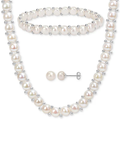3-Pc. Set Cultured Freshwater Pearl (6-7-1/2mm) Beaded Strand Necklace (17"), Stretch Bracelet & Stud Earrings in Sterling Silver