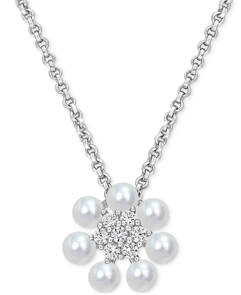 Cultured Freshwater Pearl (3-3-1/2mm) and Lab Grown White Sapphire (1/8 ct. t.w.) Flower 18" Pendant Necklace in Sterling Silver