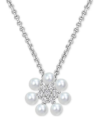 Cultured Freshwater Pearl (3-3-1/2mm) and Lab Grown White Sapphire (1/8 ct. t.w.) Flower 18" Pendant Necklace in Sterling Silver
