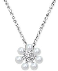Cultured Freshwater Pearl (3-3-1/2mm) and Lab Grown White Sapphire (1/8 ct. t.w.) Flower 18" Pendant Necklace in Sterling Silver