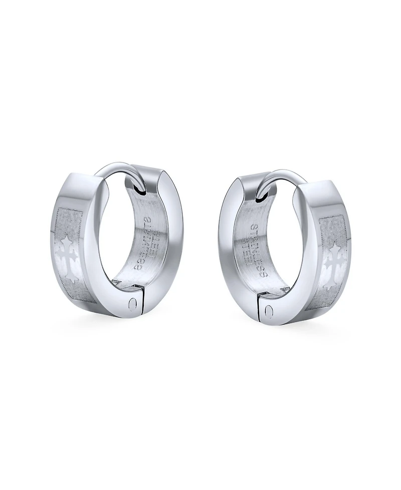 Bling Jewelry Laser Fleur de Lis Cross Hoop Earrings Silver Tone Stainless Steel