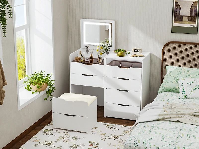 Glass Top and Led Mirror Makeup Vanity Table Set, 3 Draws Dresser,Bedside Table