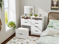 Glass Top and Led Mirror Makeup Vanity Table Set, 3 Draws Dresser,Bedside Table