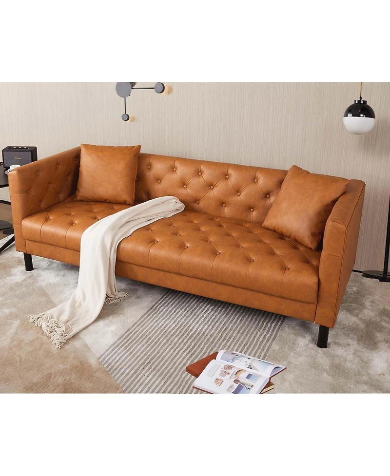 gaomon 3 Seater Sofa with Tufted Back, Grain Leather Couch with Feather, Vintage Faux Leather
