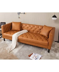gaomon 3 Seater Sofa with Tufted Back, Grain Leather Couch with Feather, Vintage Faux Leather