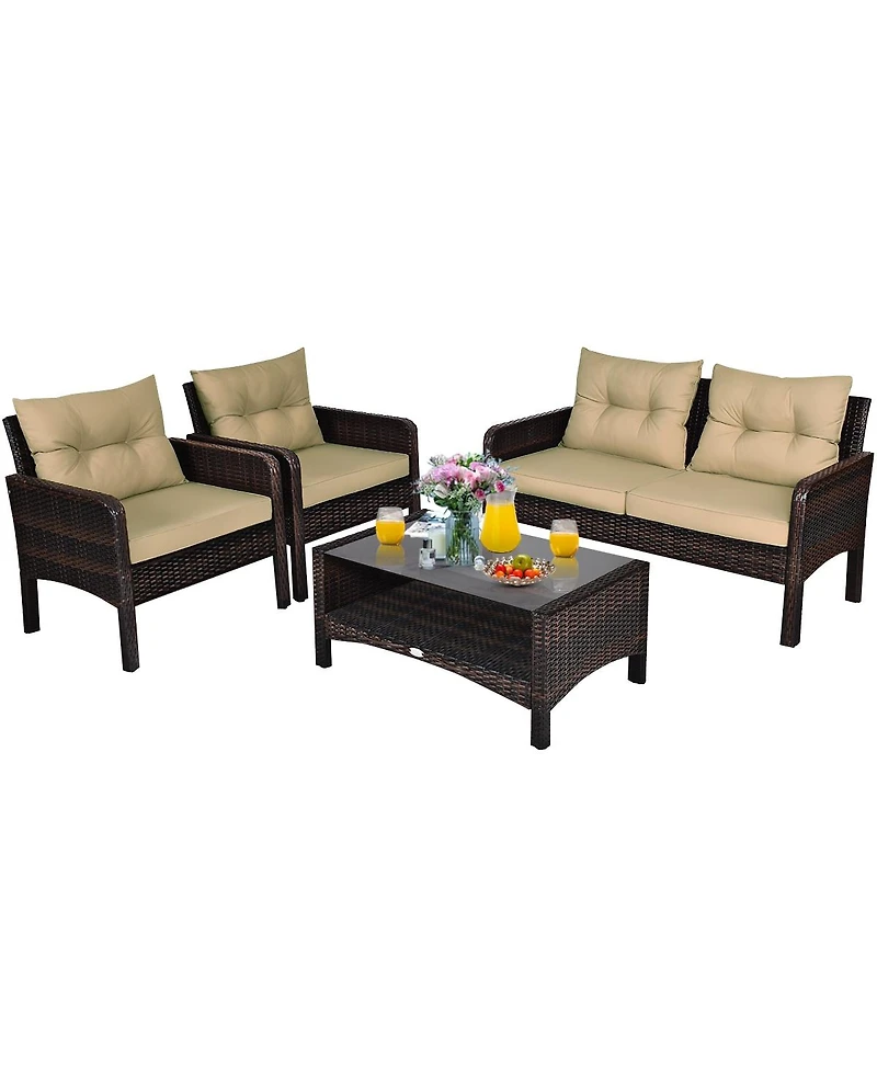 Sugift 4 Pieces Patio Rattan Free Combination Sofa Set with Cushion and Coffee Table
