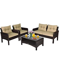 Sugift 4 Pieces Patio Rattan Free Combination Sofa Set with Cushion and Coffee Table