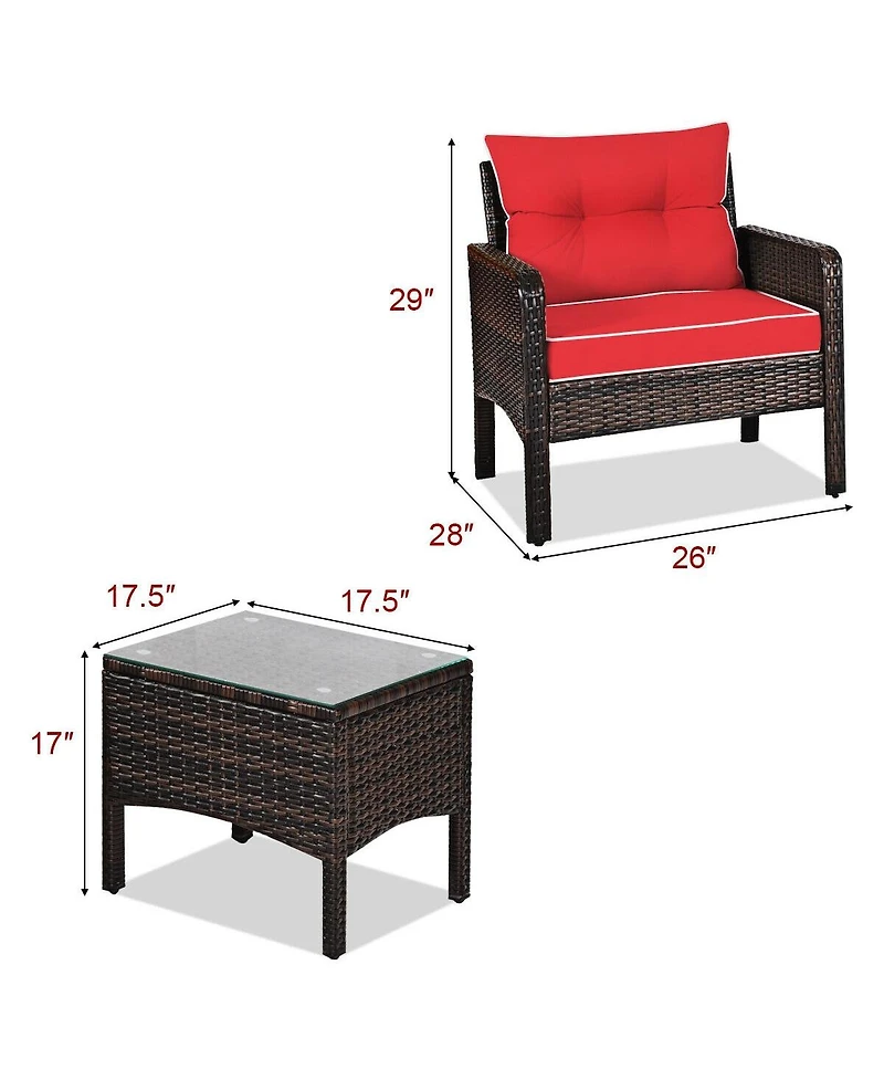 Sugift 3 Pcs Outdoor Patio Rattan Conversation Set with Seat Cushions-Red
