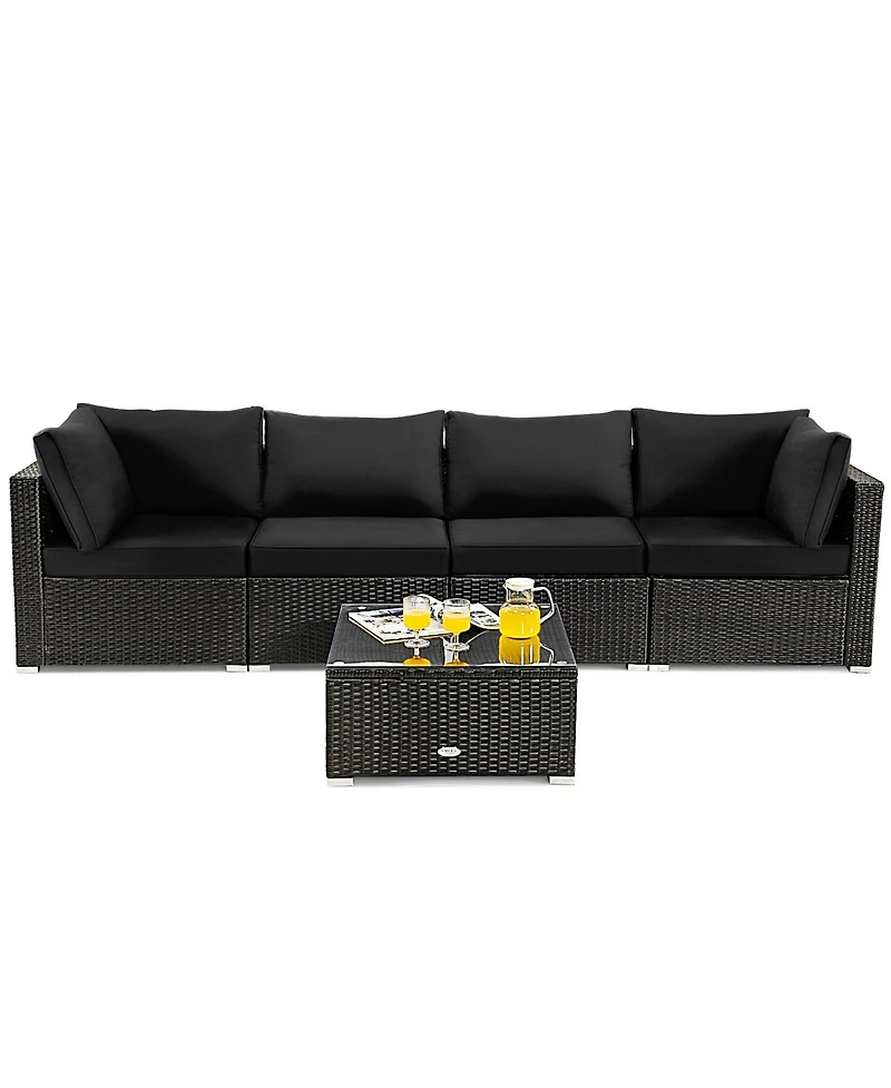 Sugift 5 Pieces Cushioned Patio Rattan Furniture Set with Glass Table-Black