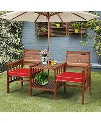 Sugift 3 pcs Outdoor Patio Table Chairs Set Acacia Wood Loveseat-Red