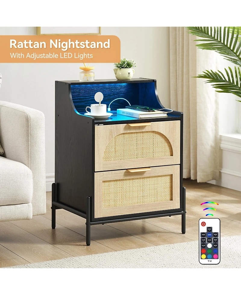 Rattan Nightstand with Charging Station and Led Lights, Bedside Table with 2 Storage Rattan Drawer, Storage End Table, Black