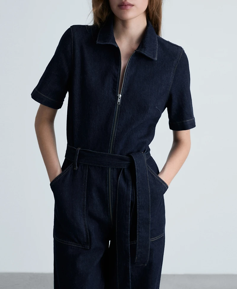 Mango Women's Belted Denim Jumpsuit
