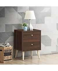 Sugift 2-Drawer Nightstand Beside End Side Table with Rubber Legs-Brown