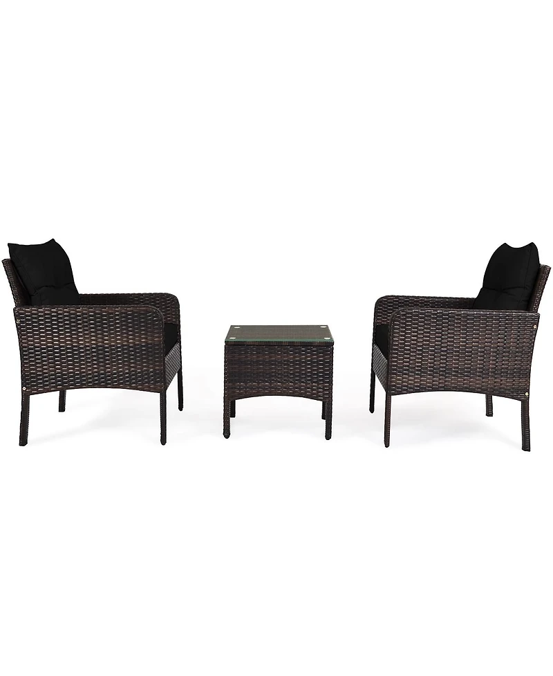 Sugift 3 Pcs Outdoor Patio Rattan Conversation Set with Seat Cushions-Black