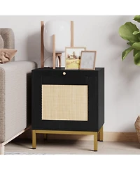 gaomon Rattan End Table - Set of 1, Wood Nightstand with Storage Shelf