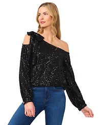 CeCe Women's Long Sleeve Sequin Bow Detail One-Shoulder Top