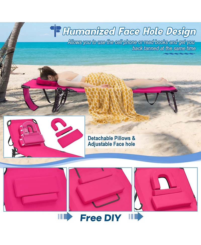 Sugift Beach Chaise Lounge Chair with Face Hole and Removable Pillow-Pink
