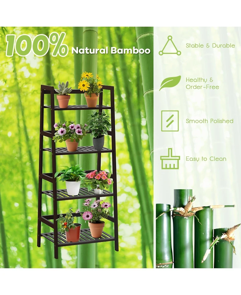 Sugift 4-Tier Bamboo Plant Rack with Guardrails Stable and Space-Saving-Brown