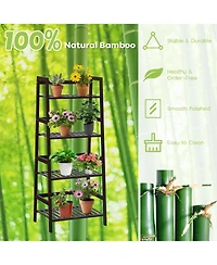 Sugift 4-Tier Bamboo Plant Rack with Guardrails Stable and Space-Saving-Brown