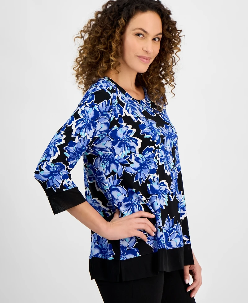 Ak Anne Klein Petite 3/4-Sleeve Solid-Trim Printed Tunic