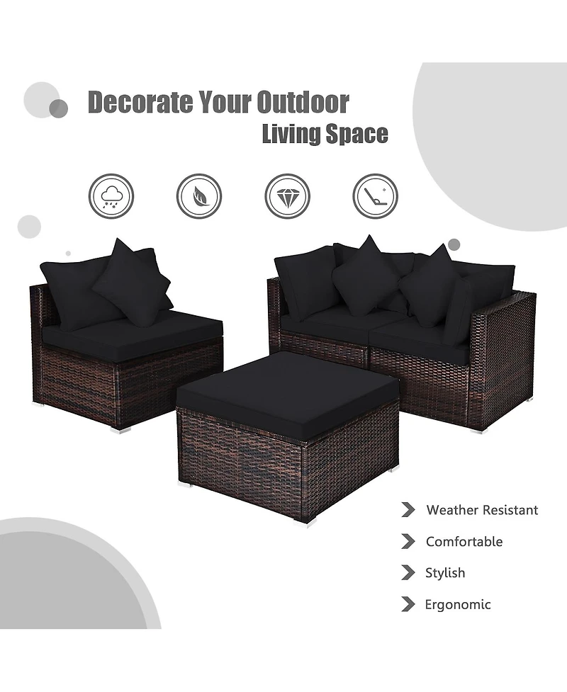 Sugift 4 Pieces Ottoman Garden Patio Rattan Wicker Furniture Set with Cushion-Black