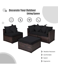 Sugift 4 Pieces Ottoman Garden Patio Rattan Wicker Furniture Set with Cushion-Black