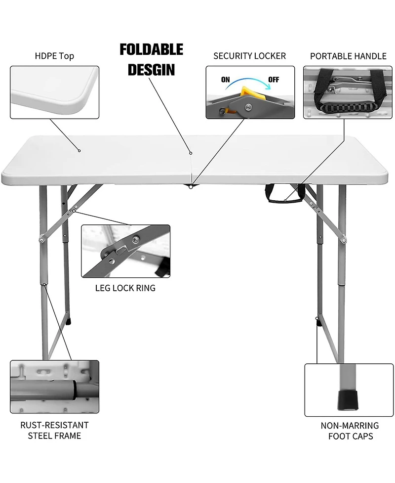 Sugift 4 ft. White Fold-in-Half Steel Outdoor Picnic Folding Table