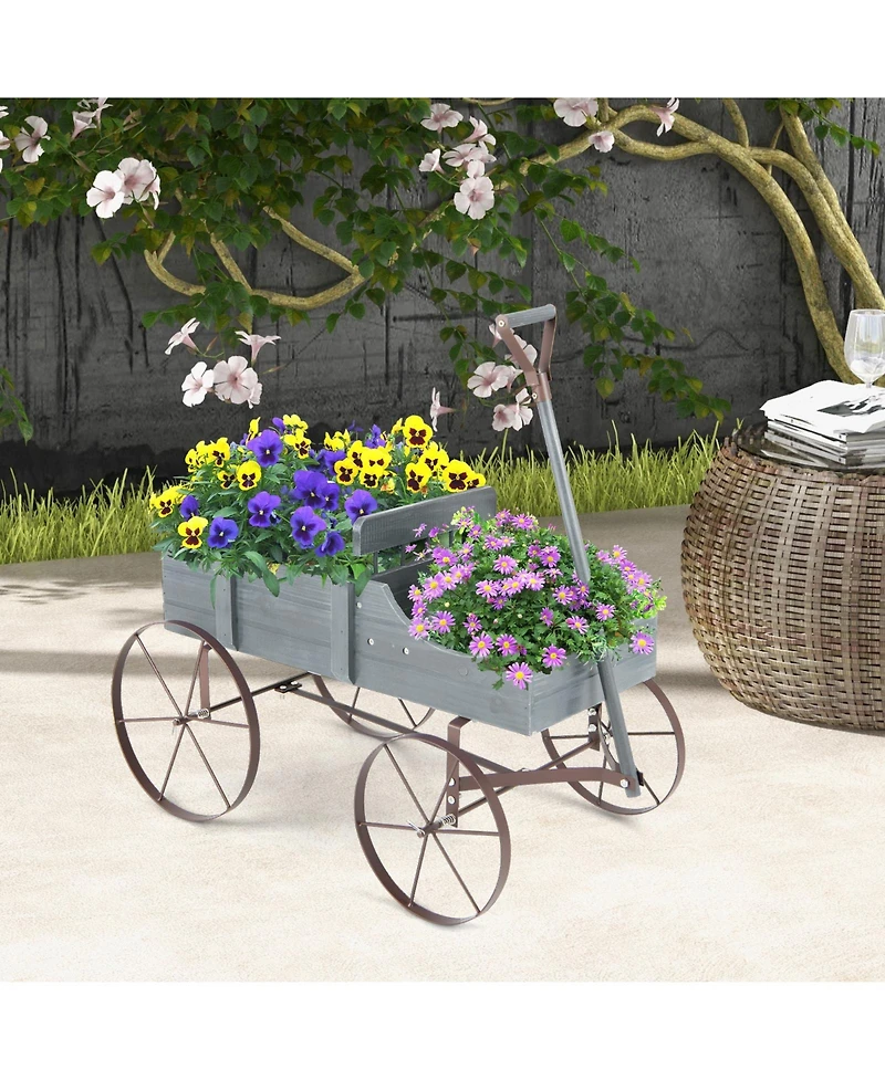 Sugift Wooden Wagon Plant Bed with Metal Wheels for Garden Yard Patio-Gray