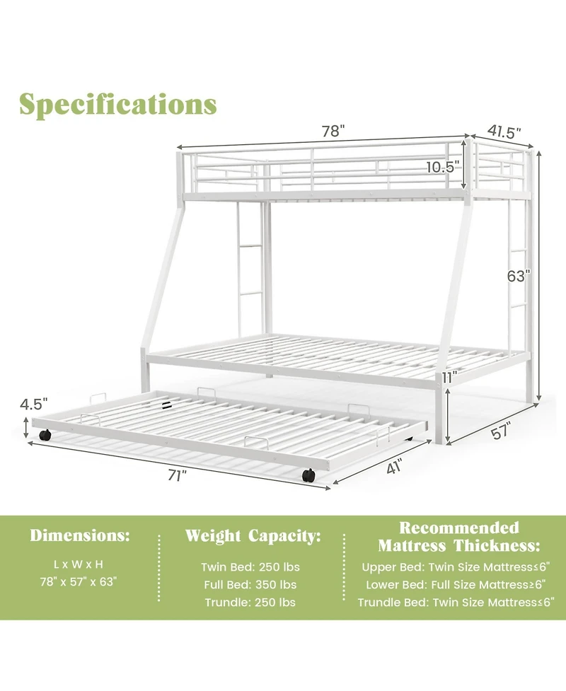 Sugift Twin Over Full Bunk Bed Frame with Trundle for Guest Room-White