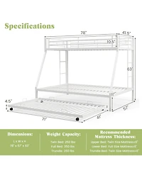 Sugift Twin Over Full Bunk Bed Frame with Trundle for Guest Room-White